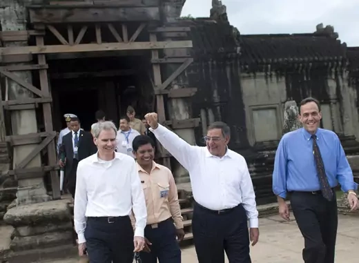 Secretary of Defense Leon Panetta walks alongside U.S. Ambassador to Cambodia William Todd and U.S. Ambassador to ASEAN David Carden as he tours Angkor Wat in Siem Reap, Cambodia November 16, 2012. 