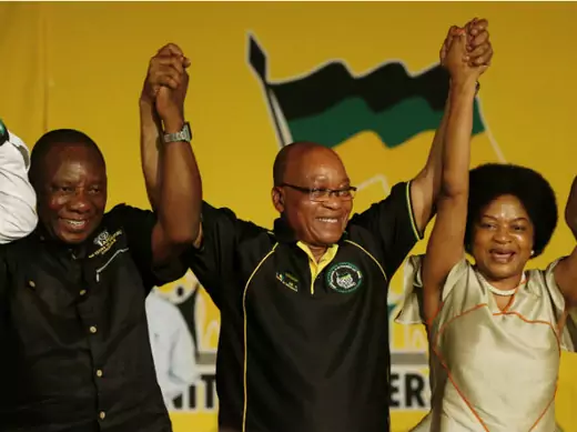  South Africa's President Zuma celebrates his re-election as party President alongside newly-elected party Deputy President Ramaphosa and re-elected Chairperson Mbete at the National Conference of the ruling African National Congress (ANC) in Bloemfontein 18/12/2012.