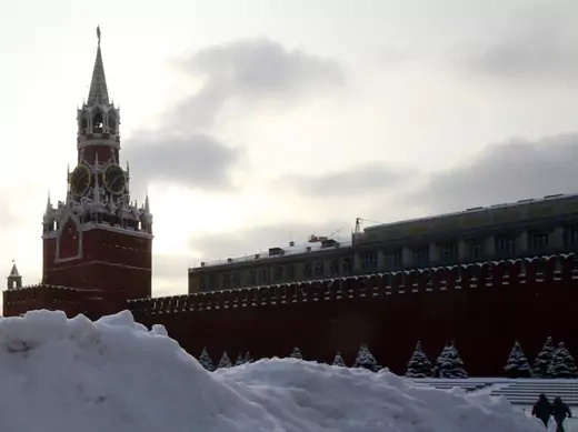 A heap of snow is seen in Red Square after a heavy snowfall in central Moscow