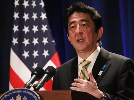 Japan's Prime Minister Shinzo Abe participates in a media conference at a Washington hotel