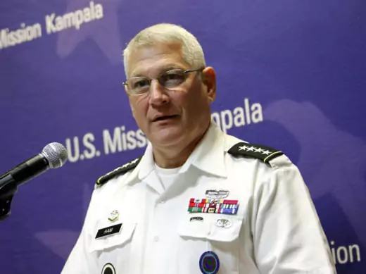 Kampala, Uganda U.S. General Carter F. Ham, Commander of the U.S. Africa Command addresses a news conference at the U.S. Embassy in Uganda's capital Kampala, May 11, 2011. The general said that Uganda has been a key partner in advancing efforts to resolve conflicts across the content especially in its peacekeeping efforts in Somalia where the U.S. government offers logistical and training support for Uganda and Burundian troops totalling more than $185 million. 