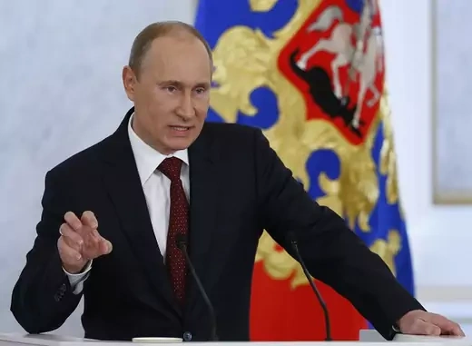 Russia's President Vladimir Putin speaks during his annual state of the nation address at the Kremlin in Moscow