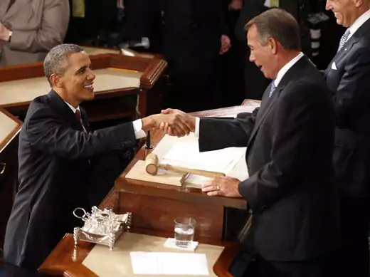 President Barack Obama shakes hands with House Speaker John Boehner (R-OH) before Obama's 2012 State of the Union address (Larry Downing/ Courtesy Reuters).
