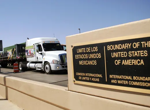 A truck of the Mexican company Olympics approaches the border at Laredo, TX to cross into the United States (Josue Gonzalez/Courtesy Reuters).