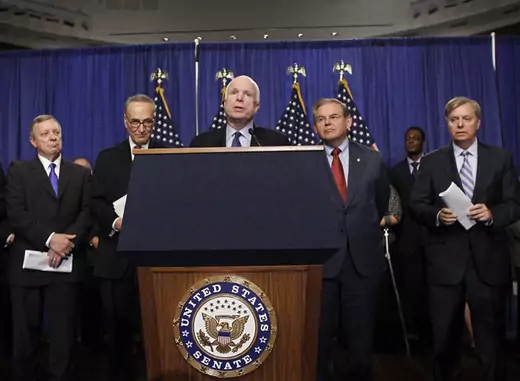 Members of the Senate "Gang on Eight"--Dick Durbin (R-FL), Chuck Schumer (D-NY), John McCain (R-AZ), Bob Menendez (D-NJ), and Lindsey Graham (R-SC)--are pictured during a news briefing on Capitol Hill to discuss their proposed immigration bill (Jason Reed/Courtesy Reuters).