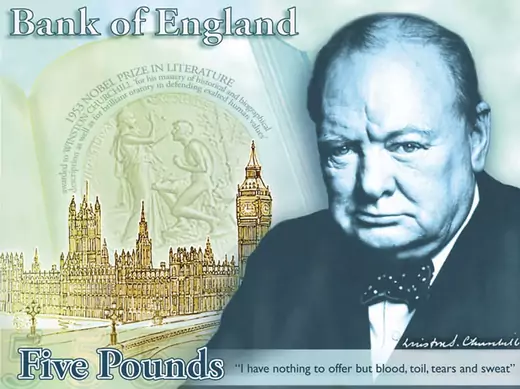 Former British prime minister Winston Churchill is featured on a new banknote alongside his famous declaration "I have nothing to offer but blood, toil, tears and sweat" (Bank of England/Courtesy Reuters).
