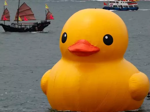 A traditional Chinese tourist junk sails past Rubber Duck by Dutch conceptual artist Florentijn Hofman at Hong Kong's Victoria Harbour on May 2, 2013. (Bobby Yip/Courtesy Reuters)