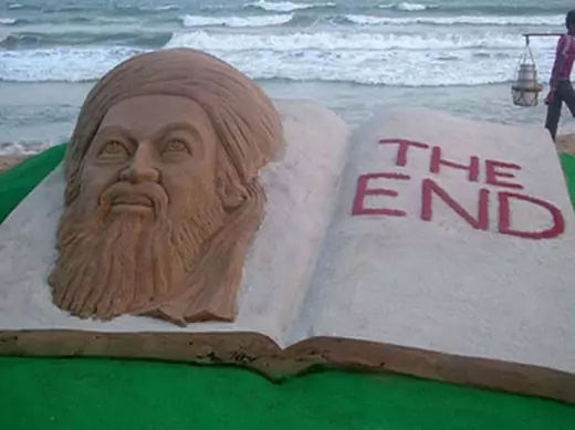 sand sculpture of Al Qaeda leader Osama bin Laden created by Indian sand artist Sudarshan Patnaik on a beach in Puri in the eastern Indian state of Orissa