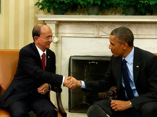 U.S. President Barack Obama shakes hands with Myanmar's President Thein Sein in the Oval Office at the White House in Washington on May 20, 2013. 