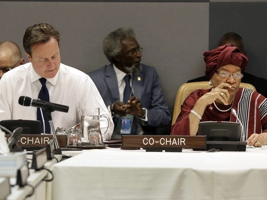 British Prime Minister David Cameron and Liberia's President Ellen Johnson Sirleaf prepare for the second day of the meeting of the High Level Panel on the Post-2015 Development Agenda at United Nations headquarters in New York