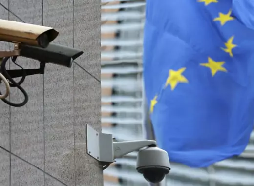 Security cameras near the main entrance of the European Union Council building in Brussels (Francois Lenoir/Courtesy Reuters)