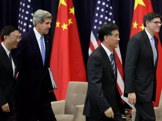 (L-R) Chinese State Councilor Yang Jiechi, U.S. Secretary of State John Kerry, Chinese Vice Premier Wang Yang and U.S. Treasury Secretary Jack Lew leave after the U.S.-China Strategic and Economic Dialogue (S&amp;ED) Joint Opening Session at the State Department in Washington on July 10, 2013. (Courtesy Yuri Gripas/Reuters)