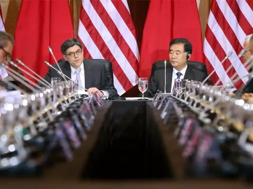 U.S. Treasury Secretary Jacob Lew (L) delivers remarks with China's Vice Premier Wang Yang at the U.S.-China Strategic and Economic Dialogue at the Treasury Department in Washington on July 10, 2013. 