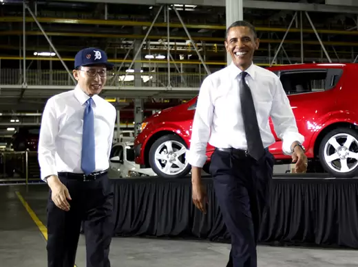 U.S. president Barack Obama and South Korean president Lee Myung-bak tour the General Motors Orion assembly plant in Detroit, Michigan—which produces the Sonic sub-compact car, a joint venture with GM Korea—following congressional approval of the U.S.-Korea Free Trade Agreement