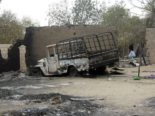 A vehicle used by Islamist militants is pictured damaged after what Nigerian authorities said was heavy fighting between security forces and the militants in Baga, a fishing town on the shores of Lake Chad, adjacent to the Chadian border, April 21, 2013.