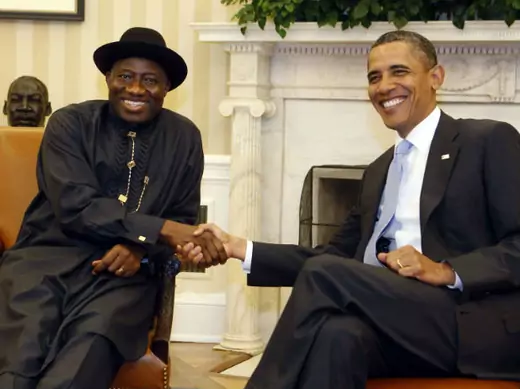U.S. President Barack Obama shakes hands with Nigerian President Goodluck Jonathan in the Oval Office of the White House in Washington June 8, 2011.