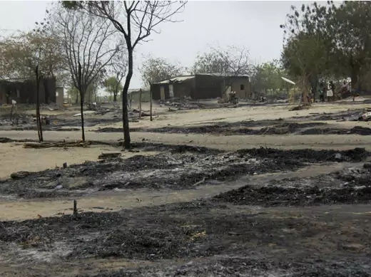 Burnt houses and ashes are pictured in the aftermath of what Nigerian authorities said was heavy fighting between security forces and Islamist militants in Baga, a fishing town on the shores of Lake Chad, adjacent to the Chadian border, April 21, 2013.