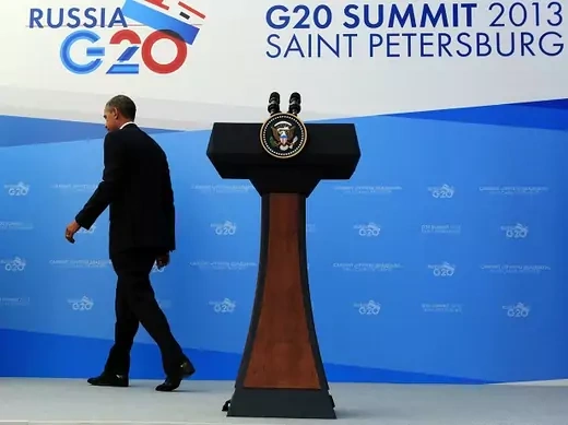 U.S. President Obama departs a news conference at the G20 Summit in St. Petersburg