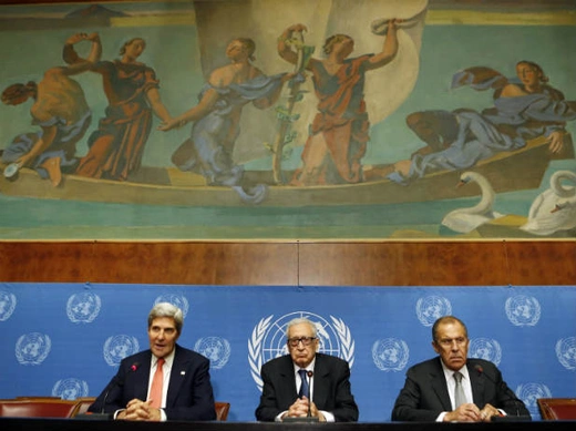 U.S. Secretary of State John Kerry (L) speaks next to U.N. Special Representative Lakhdar Brahimi (C) and Russian Foreign Minister Sergei Lavrov after a meeting discussing the ongoing problems in Syria at the United Nations offices in Geneva September 13, 2013 (Downing/Courtesy Reuters).