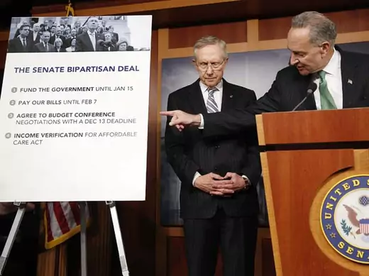 Senator Charles Schumer (D-NY) and Senate Majority Leader Harry Reid (D-NV) appear at a news conference after passage of a stopgap budget and debt legislation. (Jonathan Ernst/Courtesy Reuters). 