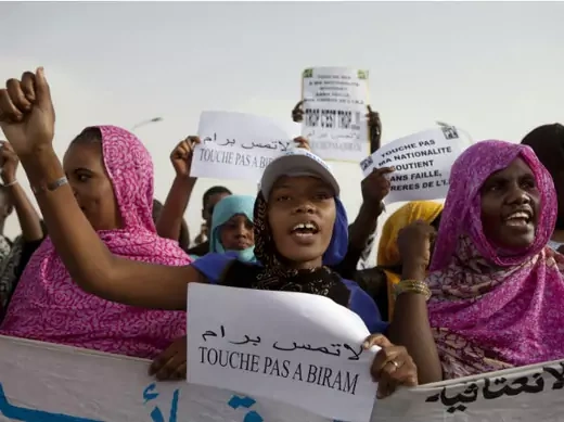 Mauritanian anti-slavery protesters march to demand the liberation of imprisoned abolitionist leader Biram Ould Abeid in Nouakchott, May 26, 2012.