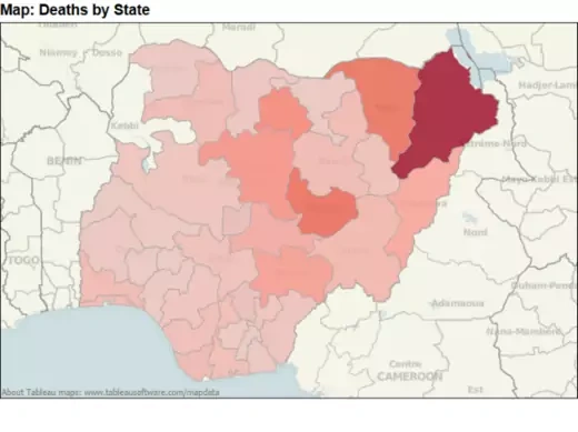 The map depicts deaths by state. Nigeria’s northeastern states, particularly Borno and Yobe, have been hit the hardest. Source: Nigeria Security Tracker, powered by Tableau. 