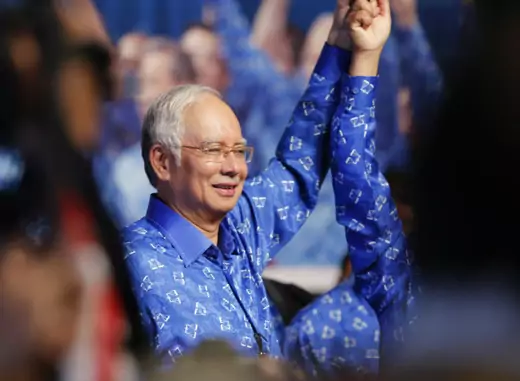Malaysia's Prime Minister Najib Razak celebrates with his other party leaders after winning the elections at his party headquarters in Kuala Lumpur on May 6, 2013. (Bazuki Muhammad/Courtesy Reuters) 