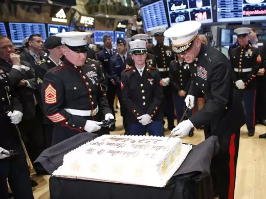 U.S. Marine Corps Major General Michael Dana uses a saber to slice a cake for the Marines' 237th birthday (Chip East/Courtesy Reuters). 
