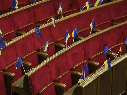 Ukrainian and EU flags are displayed before a session of the Ukrainian parliament in Kiev on November 21, 2013 (Gleb Garanich/Courtesy Reuters). 