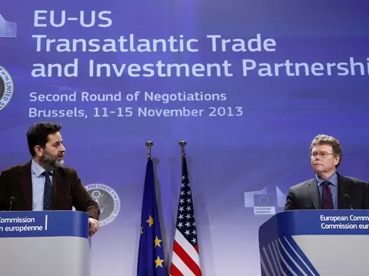 European Union chief negotiator Ignacio Garcia Bercero (left) and U.S. chief negotiator Dan Mullaney (right) address a joint news conference during the second round of EU-US trade negotiations for Transatlantic Trade and Investment Partnership in Brussels November 15, 2013 (Francois Lenoir/Courtesy Reuters). 