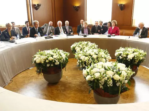 Iranian and international negotiators in Geneva November 7, 2013 (Balibouse/Courtesy Reuters). 