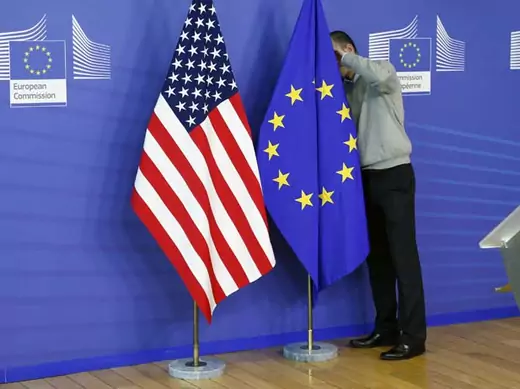 U.S. and European Union flags on display at negotiations for the Transatlantic Trade and Investment Partnership in Brussels in November. (Francois Lenoir/Courtesy Reuters)