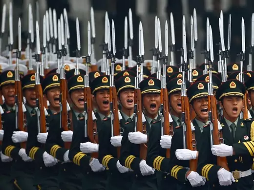 Honour guard troops march during a welcoming ceremony for visiting Palestinian President Mahmoud Abbas outside the Great Hall of the People in Beijing on May 6, 2013. (Petar Kujundzic/Courtesy Reuters) 