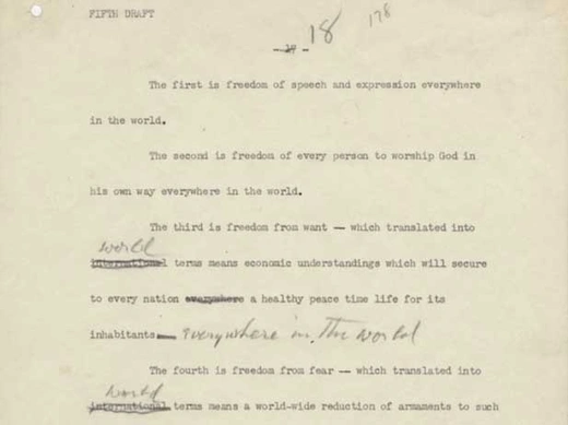 A page from the fifth draft of Franklin D. Roosevelt's 1941 annual message to Congress. (Franklin D. Roosevelt Papers as President, Master Speech File; Franklin D. Roosevelt Presidential Library and Museum)  