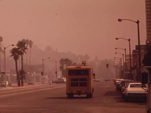 A van carrying air sampling equipment drives through Los Angeles as part of the Los Angeles Reactive Pollutant Program in September 1973. (Gene Daniels/NARA/Wikimedia Commons)
