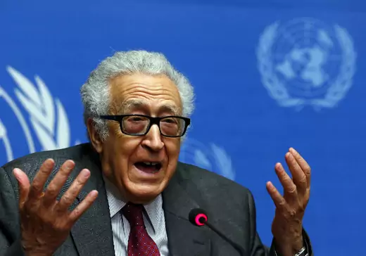 U.N.-Arab League envoy for Syria Lakhdar Brahimi addresses a news conference at the United Nations European headquarters in Geneva January 27, 2014 (Balibouse/Courtesy Reuters).