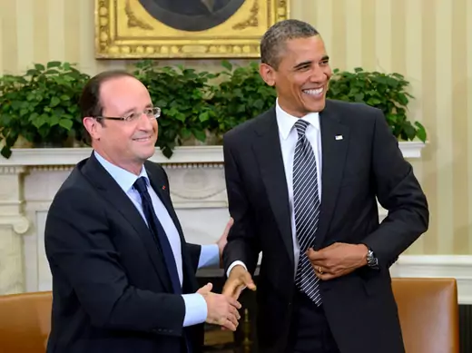 U.S. president Barack Obama shakes hands with French president Francois Hollande after a meeting in the Oval Office in 2012. (Eric Feferberg/Courtesy Reuters)