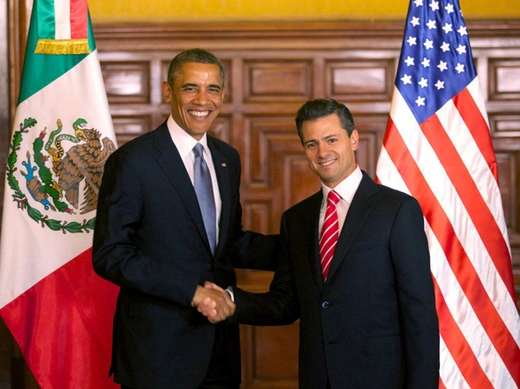 U.S. president Barack Obama and his Mexican counterpart Enrique Pena Nieto shake hands in Mexico City in May 2013. (Mexico Presidency Handout/Courtesy Reuters)