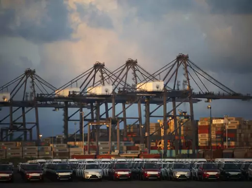 Cars and containers are seen in the port of Lazaro Cardenas