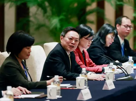 Wang Yu-chi (2nd L), Taiwan's mainland affairs chief, talks during a meeting with Head of the State Council Taiwan Affairs Office Zhang Zhijun (not pictured), in Nanjing, Jiangsu province, on February 11, 2014. (China Daily/Courtesy Reuters)