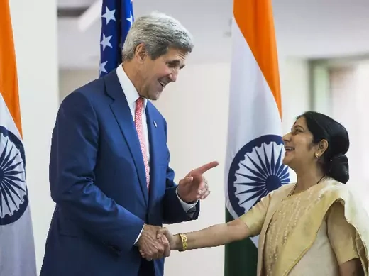 U.S. Secretary of State John Kerry (L) greets Indian External Affairs Minister Sushma Swaraj in New Delhi on July 31, 2014 (Lucas Jackson/Courtesy: Reuters).