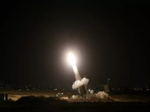 An Iron Dome launcher fires an interceptor rocket in the southern Israeli city of Ashdod July 8, 2014 (Ratner/Courtesy Reuters).