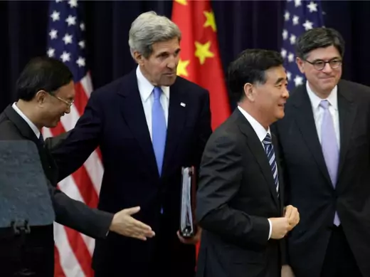 (L-R) Chinese State Councilor Yang Jiechi, U.S. Secretary of State John Kerry, Chinese Vice Premier Wang Yang and U.S. Treasury Secretary Jack Lew leave after the U.S.-China Strategic and Economic Dialogue (S&amp;ED) Joint Opening Session at the State Department in Washington July 10, 2013. 