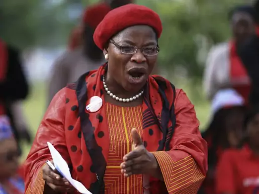 Dr. Obiageli Ezekwesili, former minister of education and a "Bring Back Our Girls" campaigner, addresses supporters at the Unity Fountain, on the 100th day of the abductions of more than two hundred school girls by Boko Haram, in Abuja, July 23, 2014 (Afolabi Sotunde/Courtesy Reuters). 