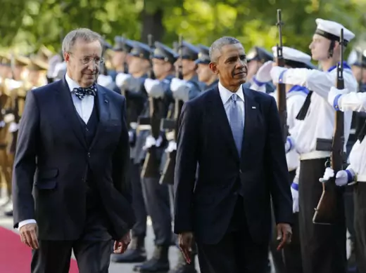 U.S. president Barack Obama and his Estonian counterpart, President Toomas Hendrik Ilves, review troops during Obama's visit to Tallinn, Estonia, on September 3, 2014.