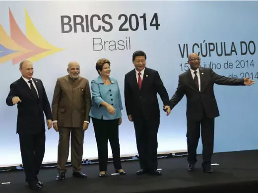 Leaders of the BRICS countries—Russian President Vladimir Putin, Indian Prime Minister Narendra Modi, Brazilian President Dilma Rousseff, Chinese President Xi Jinping, and South African President Jacob Zuma—pose during the BRICS summit in Fortaleza, Brazil, on July 15, 2014.