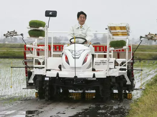 Japan's Prime Minister Shinzo Abe drives a rice planting machine at a a paddy field in Sendai