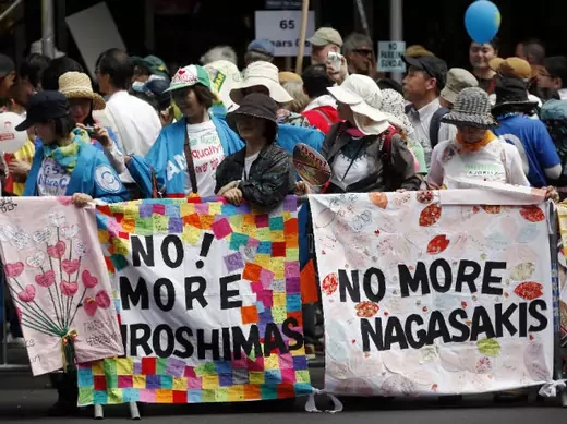 Anti-nuclear weapons demonstrators protest in New York ahead of the May 2010 Nuclear Nonproliferation Treaty Review Conference.