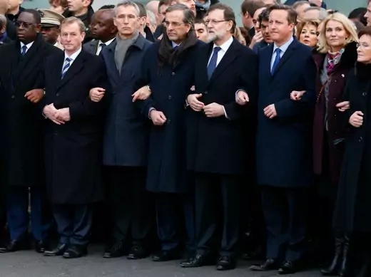 Heads of state including Britain's Prime Minister David Cameron (3rdR), Denmark's Prime Minister Helle Thorning Schmidt (2ndR), Poland's Prime Minister Ewa Kopacz (R), Greece's Prime Minister Antonis Samaras attend the solidarity march (Marche Republicaine) in the streets of Paris on January 11, 2015. (Yves Herman/Courtesy Reuters)