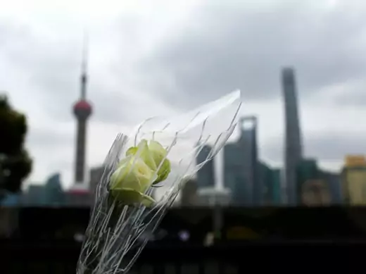 A bouquet of flowers is pictured at the site of a memorial ceremony for people who were killed in a stampede incident last Wednesday during a New Year's celebration on the Bund, with Shanghai's Pudong financial district in the background, January 6, 2015. Chinese state media and the public criticised the government and police on Friday for failing to prevent the stampede in Shanghai that killed 36 people and dented the city's image as modern China's global financial hub. REUTERS/Aly Song (CHINA - Tags: DIS